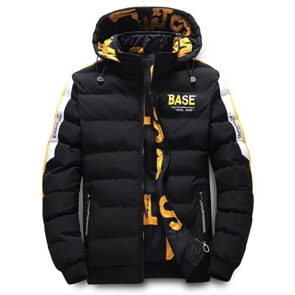 Men's Dynamic Black & Yellow Hooded Puffer - New Urban Style Jacket - Picture 1 of 10